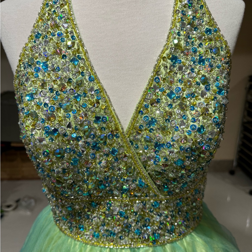 Beaded Halter Dress in Green and Blue